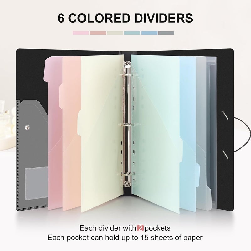 Uquelic 3-Ring Binder 1-Inch with Dividers, 6 Pocket Folders (12 Pockets) & Clear Pouch, Elastic Closure Refillable PP Folder for Letter Size Documents, School, Office - Macaron Inner Pages - Image 4